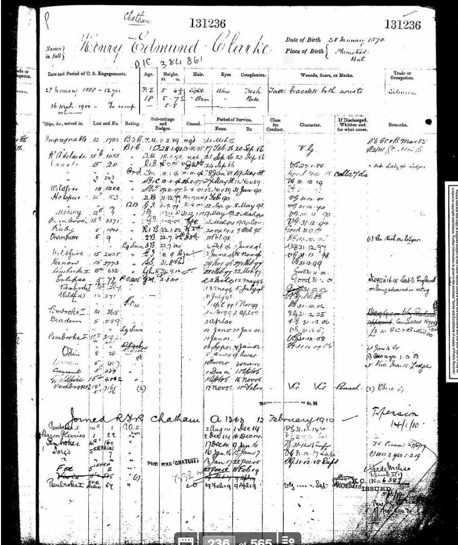 Henry Edmund Clarke Royal Navy Service Record